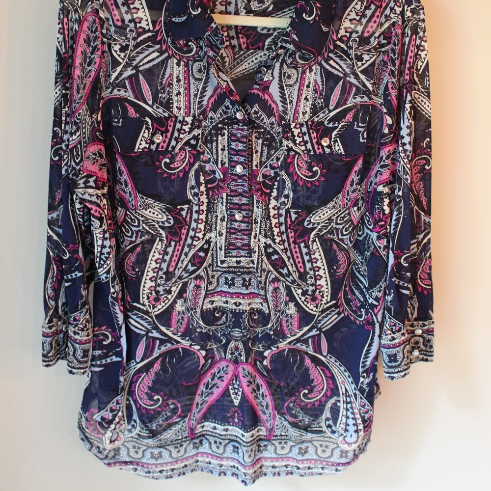 INC semi-sheer top with bling buttons